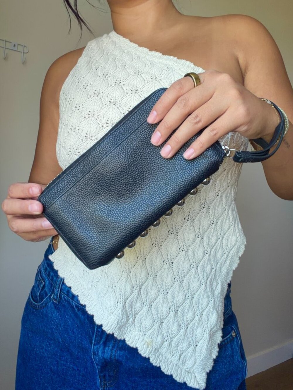 AllSaints Studded Wristlet | Black Pebbled Leather Zip Wallet | Wrist Strap
